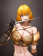 artist:Noorung character:clementine_(overlord) copyright:overlord_(maruyama) general:1girl general::d general:armor general:black_gloves general:black_scarf general:blonde_hair general:breasts general:cleavage general:criss-cross_halter general:dagger general:dark_background general:elbow_gloves general:fangs general:gauntlets general:gloves general:hair_between_eyes general:halterneck general:knife general:large_breasts general:licking general:licking_blade general:licking_weapon general:looking_at_viewer general:midriff general:navel general:off-shoulder_shirt general:off_shoulder general:open_mouth general:pauldrons general:red_eyes general:scarf general:shirt general:short_hair general:shoulder_armor general:signature general:smile general:solo general:stomach general:teeth general:toned general:upper_body general:weapon meta:highres technical:grabber // 1400x1800 // 1.4MB