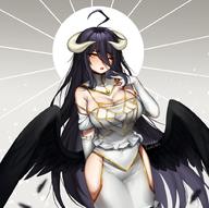 artist:terupancake character:albedo copyright:overlord_(maruyama) general:1girl general:ahoge general:bare_hips general:bare_shoulders general:black_hair general:black_wings general:breasts general:cleavage general:detached_collar general:elbow_gloves general:feathered_wings general:frilled_gloves general:frills general:furrowed_brow general:gem general:gloves general:gold_trim general:gradient general:gradient_background general:grey_background general:groin general:hair_between_eyes general:halo general:hand_on_own_chest general:hand_up general:high_collar general:hip_vent general:horns general:jewelry general:large_breasts general:long_hair general:looking_at_viewer general:low_wings general:one_eye_closed general:open_mouth general:ornate_ring general:ring general:solo general:spread_fingers general:sunburst general:sunburst_background general:wedding_ring general:white_gloves general:wings general:yellow_eyes meta:commentary meta:english_commentary technical:grabber // 1000x995 // 732.0KB