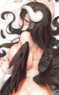 artist:kyuritizu character:albedo copyright:overlord_(maruyama) general:1girl general::d general:ahoge general:ass general:back general:bare_shoulders general:bed_sheet general:black_hair general:black_wings general:breasts general:breasts_out_of_clothes general:bridal_gauntlets general:cleavage general:curled_horns general:elbow_gloves general:feathered_wings general:feathers general:female general:female_only general:female_solo general:from_behind general:gloves general:hair_between_eyes general:half-closed_eyes general:horns general:jewelry general:large_breasts general:lingerie general:long_hair general:looking_at_viewer general:looking_back general:lying general:no_bra general:nopan general:on_stomach general:one_arm_up general:open_mouth general:ring general:saliva general:sheet_grab general:slit_pupils general:smile general:solo general:sweat general:tsurime general:white_horns general:wings general:yellow_eyes medium:dakimakura studio:cuddly_octopus_(circle) tagme technical:grabber // 560x896 // 134.6KB