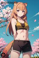 artist:pikkiwynn character:raphtalia copyright:tate_no_yuusha_no_nariagari general:animal_ears general:arms_behind_back general:bangs general:bare_shoulders general:black_shorts general:blue_sky general:blush general:breasts general:brown_hair general:cherry_blossoms general:cleavage general:closed_mouth general:collarbone general:cowboy_shot general:day general:female general:flower general:long_hair general:looking_at_viewer general:medium_breasts general:midriff general:navel general:outdoors general:petals general:raccoon_ears general:raccoon_girl general:raccoon_tail general:shorts general:sky general:smile general:solo general:sports_bra general:stomach general:tail meta:ai_generated technical:grabber // 864x1296 // 622.9KB