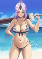 artist:kesoshirou character:shion_(tensei_shitara_slime_datta_ken) copyright:tensei_shitara_slime_datta_ken general:1girl general:ass_visible_through_thighs general:bare_shoulders general:beach general:bikini general:black_horns general:black_nails general:blue_sky general:breasts general:cleavage general:cloud general:collarbone general:cowboy_shot general:day general:groin general:hand_on_own_hip general:hand_up general:high_ponytail general:holding general:holding_sword general:holding_weapon general:horizon general:horns general:large_breasts general:legs_apart general:long_hair general:looking_at_viewer general:nail_polish general:navel general:ocean general:oni general:oni_horns general:open_mouth general:outdoors general:parted_bangs general:purple_eyes general:purple_hair general:sand general:sheath general:sheathed general:shiny_skin general:single_horn general:sky general:solo general:standing general:striped_bikini general:striped_clothes general:swimsuit general:sword general:thighs general:v-shaped_eyebrows general:water general:weapon meta:commentary technical:grabber // 827x1169 // 1.1MB