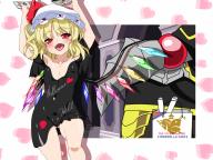 artist:nonbiri_jirou character:ainz_ooal_gown character:flandre_scarlet character:hecatia_lapislazuli copyright:overlord_(maruyama) copyright:touhou general:1boy general:1girl general::d general:arms_up general:ass_visible_through_thighs general:bag general:black_shirt general:blonde_hair general:blush general:book general:bottomless general:clothes_writing general:collarbone general:cosplay general:fangs general:hat general:hecatia_lapislazuli_(cosplay) general:looking_at_viewer general:loose_clothes general:loose_shirt general:multicolored general:multicolored_wings general:open_mouth general:paper_bag general:parody general:red_eyes general:shirt general:short_hair general:side_ponytail general:smile general:title_parody general:wings meta:commentary_request meta:highres tagme technical:grabber // 1920x1440 // 990.9KB