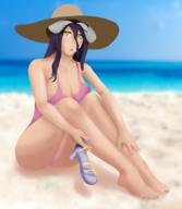 character:albedo copyright:overlord_(maruyama) general:1girl general:absurdres general:black_hair general:feet general:highres general:horns general:swimsuit general:yellow_eyes technical:grabber unknown:beach unknown:beasts unknown:nail_polish unknown:shoes_removed unknown:toes // 2356x2716 // 2.9MB