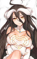 artist:kyuritizu character:albedo copyright:overlord_(maruyama) general:1girl general:ahoge general:bare_shoulders general:black_hair general:black_wings general:breasts general:cleavage general:curled_horns general:detached_collar general:detached_sleeves general:dress general:eyebrows_visible_through_hair general:feathered_wings general:feathers general:female general:female_only general:female_solo general:hair_between_eyes general:head_tilt general:horns general:knee_up general:large_breasts general:long_hair general:looking_at_viewer general:lying general:on_back general:slit_pupils general:smile general:solo general:tsurime general:white_dress general:white_horns general:wings general:yellow_eyes medium:dakimakura studio:cuddly_octopus_(circle) tagme technical:grabber // 560x896 // 139.9KB