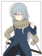 artist:fu_ku1_437 character:rimuru_tempest copyright:tensei_shitara_slime_datta_ken general:1other general:androgynous general:blue_hair general:closed_mouth general:fur-trimmed_sleeves general:fur_collar general:fur_trim general:hair_between_eyes general:katana general:long_hair general:looking_at_viewer general:mask general:mask_on_head general:one_eye_closed general:scarf general:sheath general:simple_background general:smile general:solo general:sword general:weapon general:yellow_eyes technical:grabber // 768x1024 // 373.0KB