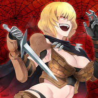 artist:butcha-u character:clementine_(overlord) copyright:overlord_(maruyama) general:1girl general::d general:armor general:bangs general:black_scarf general:blonde_hair general:breasts general:cleavage general:gauntlets general:hair_between_eyes general:knife_in_head general:large_breasts general:midriff general:open_mouth general:pauldrons general:red_background general:red_eyes general:scarf general:short_hair general:shoulder_armor general:silk general:smile general:spider_web general:teeth general:upper_body metadata:commentary_request metadata:highres technical:grabber // 1500x1500 // 3.4MB