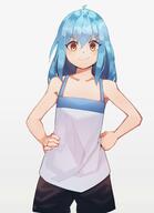 artist:h.pn character:rimuru_tempest copyright:tensei_shitara_slime_datta_ken general:ahoge general:bare_shoulders general:black_shorts general:blue_hair general:blush general:closed_mouth general:collarbone general:gradient_background general:grey_background general:hands_on_own_hips general:hatching_(texture) general:light_blue_hair general:long_hair general:orange_eyes general:shorts general:smile meta:absurdres meta:highres technical:grabber // 2480x3418 // 354.7KB