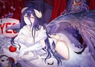 character:ainz_ooal_gown character:albedo copyright:overlord_(maruyama) general:1girl general:ahoge general:bed general:dakimakura general:dress general:gloves general:hair_between_eyes general:hip_vent general:horns general:indoors general:long_hair general:looking_at_viewer general:slit_pupils general:smile general:white_dress general:white_gloves general:wings general:yellow_eyes metadata:highres tagme technical:grabber // 3035x2150 // 5.0MB
