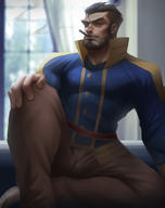 artist:uu_(pixiv11319066) character:gazef_stronoff copyright:overlord_(maruyama) general:1boy general:bara general:beard general:blurry general:blurry_background general:brown_hair general:bulge general:cigar general:dark-skinned_male general:dark_skin general:facial_hair general:foot_out_of_frame general:forked_eyebrows general:hair_slicked_back general:knee_up general:looking_at_viewer general:male_focus general:mature_male general:military general:military_uniform general:muscular general:muscular_male general:official_alternate_costume general:pectorals general:short_hair general:sitting general:smoking general:solo general:stomach general:thick_eyebrows general:uniform general:window meta:absurdres meta:highres technical:grabber // 1900x2400 // 927.7KB