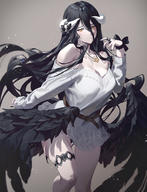 artist:fajyobore323 character:albedo copyright:madhouse copyright:overlord_(maruyama) general:alternate_costume general:arm_up general:bare_shoulders general:belt general:black_hair general:black_wings general:blush general:breasts general:demon_girl general:fingernails general:floating_hair general:fringe general:girl general:grey_background general:hair_between_eyes general:horn_(horns) general:large_breasts general:long_hair general:long_sleeves general:looking_at_viewer general:nail_polish general:pendant general:ribbon_(ribbons) general:ring general:simple_background general:single general:sleeves_past_wrists general:smile general:standing general:sweater_dress general:tall_image general:thigh_strap general:wings general:yellow_eyes technical:grabber // 1152x1500 // 1.2MB