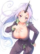 artist:matokechi character:shion_(tensei_shitara_slime_datta_ken) copyright:tensei_shitara_slime_datta_ken general:1girl general:black_horns general:blush general:breasts general:cleavage general:collarbone general:cowboy_shot general:floating_hair general:formal general:hand_on_own_chest general:hand_on_own_hip general:horns general:large_breasts general:long_hair general:looking_at_viewer general:nail_polish general:oni general:oni_horns general:ponytail general:purple_eyes general:purple_hair general:purple_nails general:purple_suit general:simple_background general:single_horn general:smile general:solo general:suit general:very_long_hair general:white_background meta:commentary_request technical:grabber // 780x1052 // 638.0KB