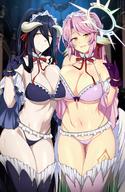 artist:lindaroze character:albedo character:jibril_(no_game_no_life) copyright:no_game_no_life copyright:overlord_(maruyama) general:2girls general:angel_wings general:arm_tattoo general:asymmetrical_docking general:bare_shoulders general:bikini general:black_hair general:black_wings general:blurry general:blurry_background general:breast_press general:breasts general:cleavage general:closed_mouth general:collar general:collarbone general:compass_rose_halo general:crossover general:demon_girl general:demon_horns general:detached_sleeves general:feathered_wings general:frilled_bikini general:frills general:gloves general:gluteal_fold general:gradient_hair general:green_hair general:groin general:hair_ribbon general:halo general:hand_up general:high_ponytail general:highleg general:highleg_bikini general:horns general:leg_tattoo general:long_hair general:looking_at_viewer general:low_wings general:multicolored_hair general:multiple_girls general:navel general:neck_ribbon general:parted_bangs general:pink_bikini general:pink_hair general:red_ribbon general:ribbon general:slit_pupils general:swimsuit general:tattoo general:thigh_gap general:thighhighs general:thighs general:twitter_username general:underboob general:very_long_hair general:watermark general:web_address general:white_wings general:wide_sleeves general:wings general:yellow_eyes meta:commentary meta:commission meta:english_commentary meta:highres meta:paid_reward_available technical:grabber // 782x1200 // 973.4KB