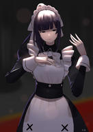 character:narberal_gamma copyright:overlord copyright:overlord_(maruyama) general:1girl general:apron general:bangs general:black_dress general:black_eyes general:black_hair general:blunt_bangs general:breasts general:closed_mouth general:dress general:eyebrows_visible_through_hair general:female general:gloves general:hands_up general:long_hair general:long_sleeves general:lrig0 general:maid general:maid_apron general:maid_headdress general:pixiv_id_13847032 general:ponytail general:puffy_sleeves general:solo general:standing general:tied_hair general:wrist_cuffs medium:high_resolution medium:simple_background medium:very_high_resolution tagme technical:grabber // 2480x3507 // 923.5KB