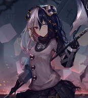 copyright:overlord_(maruyama) general:1girl general:absurdres general:black_gloves general:black_hair general:black_skirt general:blue_eyes general:gloves general:grey_sweater general:hair_between_eyes general:heterochromia general:highres general:holding general:holding_weapon general:long_hair general:looking_at_viewer general:miniskirt general:multicolored_hair general:polearm general:red_eyes general:shi_qi_kuang_beng general:silver_hair general:skirt general:smile general:solo general:standing general:sweater general:two-tone_hair general:weapon general:zesshi_zetsumei tagme technical:grabber // 2994x3332 // 3.0MB