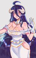 artist:ruinique character:albedo copyright:overlord_(maruyama) general:1girl general:ahoge general:armpit_crease general:black_hair general:black_wings general:breasts general:cleavage general:demon_girl general:demon_horns general:double-parted_bangs general:dress general:feathered_wings general:frilled_gloves general:frills general:gloves general:grey_background general:hair_between_eyes general:horns general:large_breasts general:long_hair general:looking_at_viewer general:low_horns general:low_wings general:side_slit general:simple_background general:slit_pupils general:smile general:solo general:very_long_hair general:white_dress general:white_gloves general:white_horns general:wings general:yellow_eyes meta:commentary meta:english_commentary meta:highres technical:grabber // 1278x2048 // 310.3KB