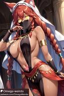 artist:omega-weirdo character:lupusregina_beta copyright:overlord_(maruyama) copyright:patreon general:animal_ears general:big_breasts general:dancer general:dancer_outfit general:face_veil general:female general:glowing_eyes general:harem_outfit general:loincloth general:long_hair general:looking_at_viewer general:pubic_tattoo general:red_hair general:see-through_clothing general:tanned_skin general:twin_braids general:yellow_eyes meta:ai_generated technical:grabber // 620x930 // 701.3KB