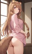 artist:kslgsnb character:raphtalia copyright:tate_no_yuusha_no_nariagari general:1girls general:ass general:ass_focus general:back_view general:blush general:bottomless general:exposed_ass general:from_behind general:looking_at_viewer general:looking_back general:medium_breasts general:oversized_clothes general:raccoon_ears general:raccoon_girl general:raccoon_tail general:shirt general:solo general:tail general:thick_thighs general:thighs meta:ai_generated meta:pixai technical:grabber // 768x1280 // 1.1MB