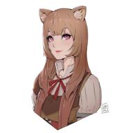 artist:inhoso character:raphtalia copyright:tate_no_yuusha_no_nariagari general:1girl general:animal_ears general:breasts general:brown_hair general:cropped_torso general:high_collar general:long_hair general:looking_at_viewer general:multicolored_clothes general:neck_ribbon general:pink_eyes general:portrait general:raccoon_ears general:raccoon_girl general:red_ribbon general:ribbon general:sidelocks general:simple_background general:small_breasts general:smile general:solo general:upper_body general:white_background meta:highres technical:grabber // 2000x2000 // 178.3KB