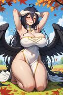 artist:juswa character:albedo copyright:overlord_(maruyama) general:ahoge general:armpits general:arms_behind_head general:arms_up general:autumn general:autumn_leaves general:bangs general:bare_legs general:bare_shoulders general:barefoot general:black_feathers general:black_hair general:black_wings general:blue_sky general:blush general:breasts general:cleavage general:closed_eyes general:closed_mouth general:cloud general:covered_navel general:covered_nipples general:curvy general:day general:demon general:demon_girl general:demon_horns general:detached_collar general:dress general:facing_viewer general:falling_leaves general:feathered_wings general:female general:hair_between_eyes general:hip_vent general:horns general:kneeling general:large_breasts general:leaf general:lips general:long_hair general:low_wings general:maple_leaf general:no_panties general:outdoors general:seiza general:shiny general:shiny_skin general:sitting general:sky general:slit_pupils general:smile general:solo general:succubus general:thick_thighs general:thighs general:tree general:very_long_hair general:white_dress general:white_horns general:wide_hips general:wings meta:ai_generated technical:grabber // 1920x2880 // 434.3KB