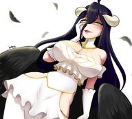 artist:dako_(dakosito) character:albedo copyright:overlord_(maruyama) general:1girl general:arm_at_side general:bare_hips general:bare_shoulders general:black_feathers general:black_hair general:blush general:breasts general:collar general:cowboy_shot general:curled_horns general:demon_girl general:demon_horns general:detached_collar general:dress general:eyebrows general:eyelashes general:feathered_wings general:feathers general:female_focus general:gloves general:glowing general:glowing_eyes general:half-closed_eyes general:hand_on_own_face general:hip_vent general:horns general:large_breasts general:long_hair general:looking_at_viewer general:low_wings general:naughty_face general:off-shoulder_dress general:off_shoulder general:open_mouth general:shaded_face general:simple_background general:slit_pupils general:solo general:two-tone_collar general:two-tone_dress general:white_background general:white_collar general:white_dress general:white_gloves general:wings general:yellow_collar general:yellow_dress general:yellow_eyes meta:highres technical:grabber // 2000x1800 // 1.3MB