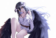 artist:siun character:albedo copyright:overlord_(maruyama) general:1girl general:arm_support general:bangs general:bare_shoulders general:belt general:black_hair general:black_wings general:blurry general:blurry_foreground general:breasts general:cleavage general:collarbone general:demon_girl general:demon_horns general:dress general:feathered_wings general:feet_out_of_frame general:horns general:large_breasts general:leg_up general:long_hair general:long_sleeves general:looking_at_viewer general:low_wings general:off_shoulder general:open_mouth general:shirt general:simple_background general:sitting general:solo general:white_background general:white_dress general:wings general:yellow_eyes meta:commentary meta:highres technical:grabber // 1613x1100 // 1.6MB