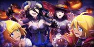 character:albedo character:aura_bella_fiora character:mare_bello_fiore character:narberal_gamma copyright:overlord_(maruyama) general:1boy general:3girls general:black_eyes general:black_hair general:blonde_hair general:blue_eyes general:breasts general:cleavage general:costume general:flower general:green_eyes general:hair_between_eyes general:hair_flower general:hair_ornament general:halloween general:halloween_costume general:hat general:heterochromia general:horns general:jack-o'-lantern general:large_breasts general:long_hair general:multiple_girls general:official_art general:open_mouth general:pointy_ears general:shiny general:shiny_hair general:short_hair general:witch_hat general:yellow_eyes meta:highres technical:grabber // 2048x1024 // 2.3MB