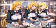 Character:Foire_(Overlord) copyright:overlord_(maruyama) game:overlord:_mass_for_the_dead general:blonde_hair general:highres general:smile general:yellow_eyes tagme technical:grabber unknown:3girls unknown:apron unknown:chocolate unknown:chocolate_making unknown:glasses unknown:green_eyes unknown:lumiere_(overlord) unknown:maid unknown:maid_apron unknown:maid_headdress unknown:multiple_girls unknown:sixth // 2048x1024 // 1.5MB