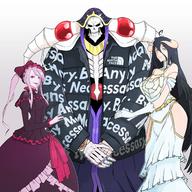 character:ainz_ooal_gown character:albedo character:shalltear_bloodfallen copyright:overlord_(maruyama) copyright:the_north_face general:1boy general:2girls general:artist_name general:bangs general:black_hair general:black_wings general:bow general:breasts general:demon_horns general:dress general:drip_(meme) general:english_commentary general:fang general:feathered_wings general:frilled_dress general:frills general:gloves general:gothic_lolita general:grey_background general:hair_between_eyes general:hair_bow general:highres general:horns general:jacket general:lich general:light_purple_hair general:lolita_fashion general:long_hair general:looking_at_viewer general:low_horns general:low_wings general:meme general:multiple_girls general:off-shoulder_dress general:off_shoulder general:pale_skin general:ponytail general:purple_bow general:purple_dress general:red_bow general:red_eyes general:simple_background general:skeleton general:skin_fang general:slit_pupils general:smile general:striped general:striped_bow general:swept_bangs general:twitter_username general:vampire general:very_long_hair general:white_dress general:white_gloves general:white_horns general:wings general:yblndr general:yellow_eyes metadata:absurdres metadata:commentary metadata:commission technical:grabber // 2500x2500 // 745.1KB