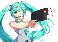 artist:nishiumi_yuuta character:hatsune_miku copyright:blame! copyright:vocaloid general:1girl general:aqua_eyes general:aqua_hair general:dated general:graviton_beam_emitter general:gun general:headset general:long_hair general:nail_polish general:necktie general:one_eye_closed general:open_mouth general:simple_background general:solo general:star_(symbol) general:twintails general:very_long_hair general:weapon general:white_background meta:commentary_request technical:grabber // 1278x912 // 675.3KB