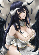 artist:mait character:albedo copyright:overlord_(maruyama) general:1girl general:bare_hips general:bare_shoulders general:black_feathers general:black_hair general:black_wings general:breasts general:cleavage general:collar general:demon_girl general:demon_horns general:detached_collar general:dress general:fantasy general:feathered_wings general:feathers general:gloves general:grin general:hair_over_shoulder general:hip_vent general:horns general:large_breasts general:light_smile general:lipstick general:long_hair general:looking_at_viewer general:low_wings general:makeup general:off-shoulder_dress general:off_shoulder general:parted_lips general:shiny general:shiny_hair general:shiny_skin general:slit_pupils general:smile general:solo general:teeth general:thighs general:very_long_hair general:white_dress general:white_gloves general:white_horns general:wings general:yellow_eyes meta:highres technical:grabber // 868x1228 // 999.0KB