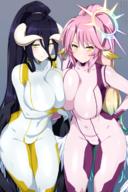 artist:lindaroze character:albedo character:jibril_(no_game_no_life) copyright:no_game_no_life copyright:overlord_(maruyama) general:2girls general:arm_under_breasts general:asymmetrical_docking general:bangs general:black_hair general:bodysuit general:breast_press general:breasts general:closed_mouth general:compass_rose_halo general:covered_collarbone general:covered_navel general:crossover general:half-closed_eyes general:halo general:hand_on_hip general:horns general:huge_breasts general:long_bangs general:long_hair general:looking_at_viewer general:multicolored_hair general:multiple_girls general:orange_eyes general:pink_hair general:skin_tight general:smile general:standing general:very_long_hair general:yellow_eyes general:zero_suit meta:commentary meta:commission meta:english_commentary meta:highres technical:grabber // 800x1200 // 779.8KB