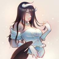 artist:jonathan_hamilton character:albedo copyright:overlord_(maruyama) general:1girl general:bare_shoulders general:black_hair general:detached_collar general:gloves general:hair_over_one_eye general:horns general:lips general:long_hair general:smile general:solo general:upper_body general:white_gloves general:yellow_eyes tagme technical:grabber // 900x900 // 420.2KB