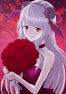 artist:rurukichi character:shalltear_bloodfallen copyright:overlord_(maruyama) general:1girl general:bangs general:bouquet general:choker general:closed_mouth general:collarbone general:dress general:fang general:fang_out general:flower general:hair_flower general:hair_ornament general:hairband general:head_wings general:holding general:holding_bouquet general:long_hair general:nightgown general:purple_flower general:purple_hairband general:purple_rose general:purple_wings general:red_background general:red_dress general:red_eyes general:red_flower general:red_rose general:rose general:shiny general:shiny_hair general:silver_hair general:sleeveless general:sleeveless_dress general:smile general:solo general:strapless general:strapless_dress general:swept_bangs general:upper_body general:very_long_hair general:wings tagme technical:grabber // 707x1000 // 690.9KB