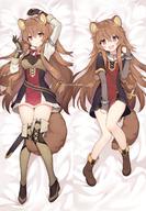 artist:byulzzi character:raphtalia copyright:tate_no_yuusha_no_nariagari general:1girl general::d general:aged_down general:animal_ear_fluff general:animal_ears general:arm_up general:bed_sheet general:between_legs general:boots general:bow general:bowtie general:breasts general:brown_footwear general:brown_gloves general:brown_hair general:collar general:dakimakura_(medium) general:dress general:full_body general:gloves general:hair_ornament general:hand_up general:long_hair general:long_sleeves general:looking_at_viewer general:lying general:medium_breasts general:multiple_views general:on_back general:open_mouth general:raccoon_ears general:raccoon_girl general:raccoon_tail general:red_bow general:red_bowtie general:red_eyes general:sheath general:smile general:strap general:tail general:tail_between_legs general:thigh_boots general:thighhighs general:thighs general:very_long_hair general:watermark general:zettai_ryouiki meta:commentary_request meta:highres technical:grabber // 831x1200 // 952.9KB
