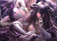 artist:rachta_lin character:ainz_ooal_gown character:albedo copyright:madhouse copyright:overlord_(maruyama) general:ass general:black_hair general:black_wings general:blush general:breasts general:dress general:elbow_gloves general:erotic general:feather_(feathers) general:finger_to_mouth general:fringe general:girl general:gloves general:hair_between_eyes general:horn_(horns) general:large_breasts general:looking_at_viewer general:single general:skeleton general:very_long_hair general:white_dress general:white_gloves general:wings general:yellow_eyes tagme technical:grabber // 900x643 // 356.6KB