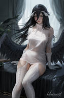 artist:unravel_page character:albedo copyright:overlord_(maruyama) general:1girl general:aran_legwear general:aran_sweater general:artist_name general:backlighting general:bare_shoulders general:black_hair general:black_wings general:blanket general:breasts general:brown_eyes general:cable_knit general:closed_mouth general:curtains general:elbow_gloves general:feathered_wings general:feet_out_of_frame general:garter_straps general:gloves general:hair_between_eyes general:horns general:indoors general:large_breasts general:lips general:long_hair general:looking_at_viewer general:low_wings general:no_pants general:off_shoulder general:on_bed general:panties general:pantyshot general:plant general:potted_plant general:shirt general:short_sleeves general:sitting general:solo general:sweater general:sweater_under_shirt general:thighhighs general:turtleneck general:turtleneck_sweater general:underwear general:very_long_hair general:white_gloves general:white_panties general:white_shirt general:white_sweater general:white_thighhighs general:wings technical:grabber // 654x1000 // 347.4KB