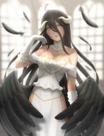 artist:siraha character:albedo copyright:madhouse copyright:overlord_(maruyama) general:black_hair general:dress general:feather_(feathers) general:girl general:gloves general:long_hair general:looking_at_viewer general:open_mouth general:single general:tall_image general:white_gloves general:wings general:yellow_eyes tagme technical:grabber // 1000x1300 // 683.0KB