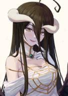 artist:atsuyah0310 character:albedo copyright:overlord_(maruyama) general:1girl general:ahoge general:bare_shoulders general:black_hair general:black_wings general:breasts general:cleavage general:collarbone general:demon_girl general:demon_horns general:demon_wings general:dress general:feathered_wings general:gloves general:hair_between_eyes general:horns general:large_breasts general:long_hair general:looking_at_viewer general:low_wings general:simple_background general:slit_pupils general:smile general:solo general:upper_body general:white_background general:white_dress general:white_gloves general:wings general:yellow_eyes metadata:commentary_request technical:grabber // 715x1010 // 665.5KB