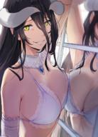 artist:hews_hack character:albedo copyright:overlord_(maruyama) general:1girl general:against_glass general:against_window general:arm_up general:armpits general:bare_shoulders general:bikini general:black_hair general:breast_press general:breasts general:cleavage general:collarbone general:detached_collar general:frilled_bikini general:frills general:gem general:green_eyes general:hair_between_eyes general:horns general:large_breasts general:long_hair general:looking_at_viewer general:parted_lips general:reflection general:sapphire_(gemstone) general:smile general:solo general:swimsuit general:upper_body general:very_long_hair general:white_bikini general:window meta:highres technical:grabber // 992x1383 // 1.6MB