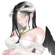 artist:ryofu_x character:albedo copyright:overlord_(maruyama) general:1girl general:bangs general:breasts general:cleavage general:dress general:fang general:horns general:long_bangs general:medium_breasts general:off-shoulder_dress general:off_shoulder general:open_mouth general:own_hands_together general:parted_bangs general:pointy_ears general:portrait general:simple_background general:solo general:white_background general:white_dress general:yellow_eyes meta:absurdres meta:commentary meta:highres meta:symbol-only_commentary technical:grabber // 4096x4096 // 922.0KB