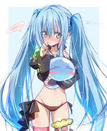 artist:akatsuki_(ggsy7885) character:milim_nava character:rimuru_tempest character:rimuru_tempest_(slime) copyright:tensei_shitara_slime_datta_ken general:1other general:ass_visible_through_thighs general:asymmetrical_legwear general:black_nails general:black_panties general:blue_background general:blue_hair general:blush general:border general:closed_mouth general:cosplay general:embarrassed general:floating_hair general:frown general:groin general:hair_between_eyes general:long_hair general:long_sleeves general:looking_at_viewer general:milim_nava_(cosplay) general:nail_polish general:navel general:panties general:pink_thighhighs general:shrug_(clothing) general:side-tie_panties general:sketch general:slime_(creature) general:speech_bubble general:sweatdrop general:thighhighs general:twintails general:twitter_username general:underwear general:very_long_hair general:white_border general:yellow_eyes meta:highres technical:grabber // 1200x1473 // 1.3MB