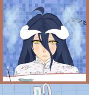 character:albedo copyright:overlord_(maruyama) technical:grabber unknown:ahoge unknown:alternate_costume unknown:bathroom unknown:black_hair unknown:horns unknown:pajamas unknown:sleepy unknown:yellow_eyes // 811x864 // 619.0KB