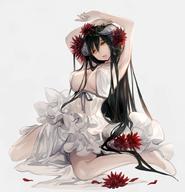 artist:kawasumi_(japonica) character:albedo copyright:madhouse copyright:overlord_(maruyama) general:armpit_(armpits) general:arms_up general:black_hair general:breasts general:cleavage general:dress general:erotic general:flower_(flowers) general:fringe general:girl general:grey_background general:hair_between_eyes general:hair_flower general:head_tilt general:horn_(horns) general:large_breasts general:looking_at_viewer general:navel general:open_mouth general:shoes general:sideboob general:simple_background general:single general:sitting general:tall_image general:teeth general:transparent_clothing general:very_long_hair general:wariza general:white_dress general:yellow_eyes tagme technical:grabber // 966x1000 // 113.0KB