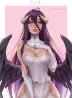 artist:daria_leonova character:albedo copyright:madhouse copyright:overlord_(maruyama) general:ahoge general:anaglyph general:bare_shoulders general:black_hair general:black_wings general:blush general:border general:demon_girl general:detached_collar general:dress general:fringe general:girl general:gloves general:hair_between_eyes general:hand_on_chest general:highres general:horn_(horns) general:light_erotic general:long_hair general:looking_at_viewer general:outside_border general:parted_lips general:pink_background general:realistic general:signed general:simple_background general:single general:smile general:standing general:tall_image general:white_dress general:white_gloves general:wings general:yellow_eyes technical:grabber // 2928x4000 // 3.9MB