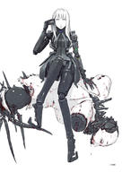 artist:nihei_tsutomu character:cibo copyright:blame! general:1girl general:arm_up general:black_bodysuit general:blunt_bangs general:bodysuit general:colored_skin general:cyberpunk general:cyborg general:damaged general:defeat general:expressionless general:full_body general:greyscale general:joints general:long_hair general:long_legs general:looking_at_viewer general:mechanical_arms general:mechanical_hands general:mechanical_legs general:monochrome general:pale_skin general:robot general:robot_joints general:safeguard_(blame!) general:single_mechanical_arm general:single_mechanical_hand general:sitting general:solo general:spot_color general:tall general:tall_female general:white_eyes general:white_skin meta:highres technical:grabber // 1280x1808 // 228.2KB