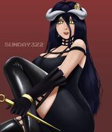 artist:SunDay322 character:albedo character:yor_briar copyright:overlord_(maruyama) copyright:spy_x_family general:1girl general:black_dress general:black_hair general:cosplay general:dress general:elbow_gloves general:gloves general:hair_ornament general:horns general:long_hair general:looking_at_viewer general:red_background general:solo general:thighhighs general:yellow_eyes general:yor_briar_(cosplay) meta:absurdres meta:highres technical:grabber // 2312x2712 // 673.9KB