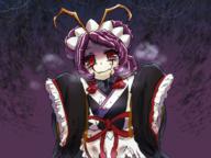 artist:rose_annu character:entoma_vasilissa_zeta copyright:overlord_(maruyama) general:1girl general:antennae general:arms_up general:arthropod_girl general:black_kimono general:blood general:blood_on_clothes general:blood_on_face general:double_bun general:drooling general:extra_pupils general:fangs general:hair_bun general:heavy_breathing general:japanese_clothes general:kimono general:light_smile general:looking_at_viewer general:maid general:maid_headdress general:monster_girl general:purple_background general:purple_hair general:red_eyes general:ribbon general:short_hair general:silk general:simple_background general:skin_fangs general:sleeves_past_wrists general:spider_web general:upper_body meta:commentary_request technical:grabber // 1371x1029 // 2.0MB