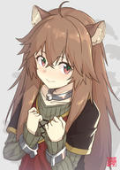 artist:goemon1110 character:raphtalia copyright:tate_no_yuusha_no_nariagari general:1girl general:ahoge general:animal_ears general:blush general:brown_hair general:clenched_hand general:closed_mouth general:collar general:cuffs general:green_shirt general:hair_between_eyes general:hair_flaps general:layered_sleeves general:long_hair general:long_sleeves general:looking_at_viewer general:nose_blush general:raccoon_ears general:raccoon_girl general:ribbed_shirt general:shirt general:short_over_long_sleeves general:short_sleeves general:smile general:solo general:tail meta:commentary_request meta:highres technical:grabber // 1254x1771 // 1.0MB