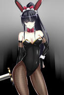 artist:alice360 character:narberal_gamma copyright:madhouse copyright:overlord_(maruyama) general:animal_ears general:bent_knee_(knees) general:black_eyes general:black_hair general:bow general:breasts general:bunny_ears general:bunnysuit general:cleavage general:detached_collar general:detached_sleeves general:fishnet_pantyhose general:fringe general:girl general:grey_background general:hand_on_hip general:light_erotic general:long_hair general:looking_at_viewer general:maid_headdress general:midriff general:pantyhose general:ponytail general:single general:sword general:tall_image general:weapon general:wrist_cuffs tagme technical:grabber // 900x1330 // 152.3KB