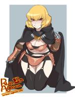 artist:agawa_ryou character:clementine_(overlord) copyright:overlord_(maruyama) general:1girl general:black_cape general:black_legwear general:blonde_hair general:border general:breasts general:cape general:cleavage general:garter_belt general:gauntlets general:grey_background general:kneeling general:large_breasts general:looking_at_viewer general:red_eyes general:short_hair general:simple_background general:smile general:solo general:thighs general:white_border general:wide_hips tagme technical:grabber // 600x773 // 220.1KB